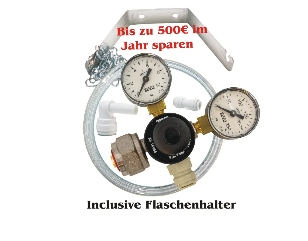 [SD-00195] CO₂ Druckminderer inkl. 2 kg CO₂ Flasche kompatibel mit Quooker Cube - Kohlensäure-Druckregler zum Umrüsten auf handelsübliche CO₂ Zylinder-Flasche 2kg 